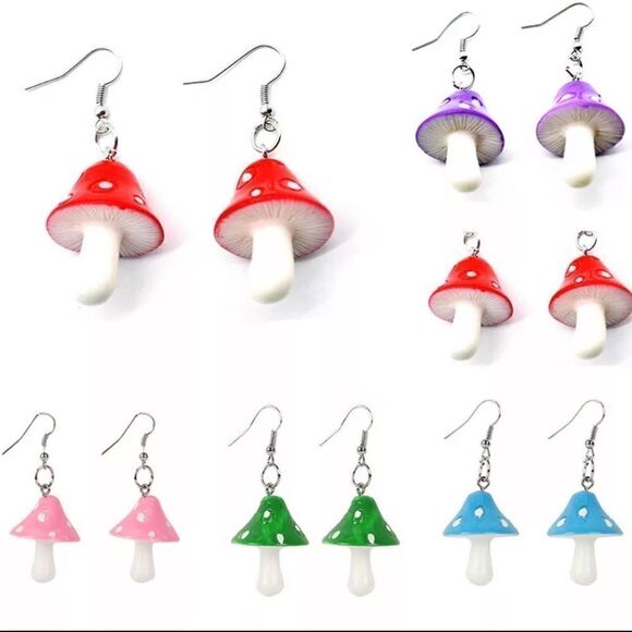 Mushroom Drop Earrings Red Yellow Pink Purple Blue Psychedelic Magic Fun Funky - Picture 1 of 5